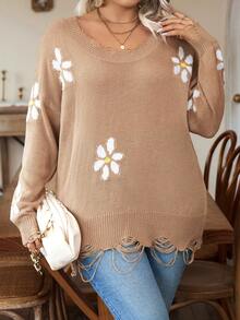 Calvaya Hơn Mô hình hoa Thả vai Áo len Distressed - Lạc đà - Xem 7