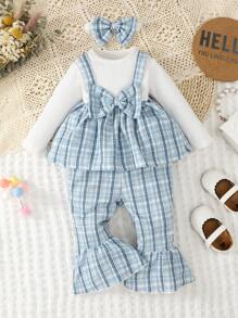SHEIN Playful Pals 女婴格子印花蝴蝶结前部 2 合 1 T 恤和喇叭裤和头带，适合圣诞节