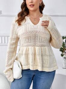 SHEIN Clasi Plus Notched Neckline Pointelle Knit Peplum Sweater - Beige - View 3