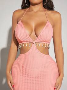 SHEIN SXY Lace Up Backless Split Thigh Halter Dress - Coral Pink - View 6