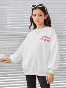 SHEIN Tween Girl Slogan Graphic Drop Shoulder Sweatshirt - White - View 3