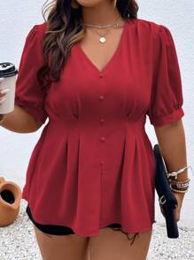 SHEIN LUNE Hơn Chi tiết nếp Ống tay áo Áo sơ mi - Đỏ - Xem 1