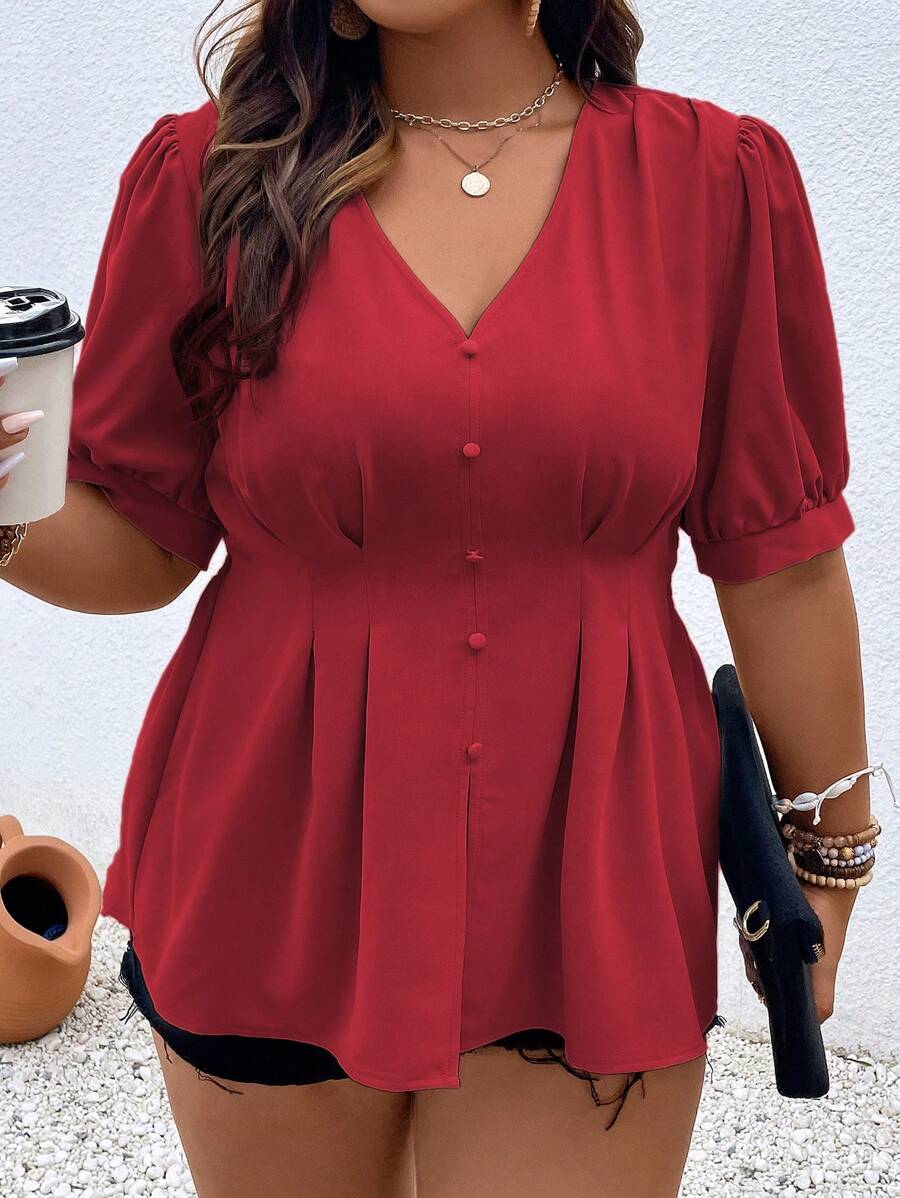 SHEIN LUNE Hơn Chi tiết nếp Ống tay áo Áo sơ mi - Đỏ - Xem 1