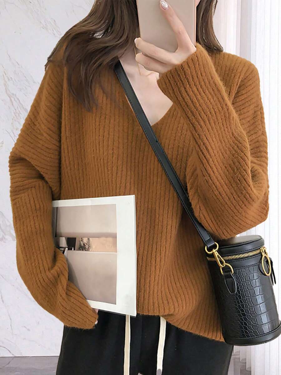 Solid Drop Shoulder Sweater - Brown - View 1