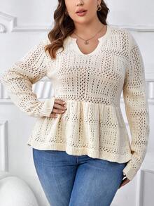 SHEIN Clasi Plus Notched Neckline Pointelle Knit Peplum Sweater - Beige - View 5