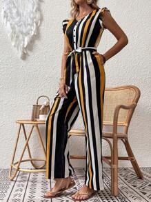 Breezaya Ruffle Trim Belted Striped Jumpsuit - Multicolor - View 4