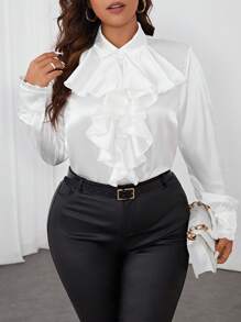 SHEIN Privé Plus Jabot Collar Lantern Sleeve Shirt - White - View 3