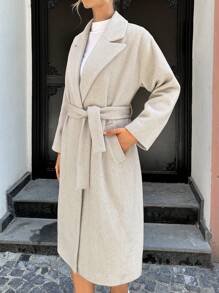 EURMUSE Lapel Neck Belted Overcoat - Beige - View 5