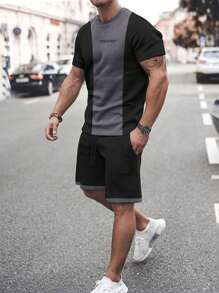 Manfinity Homme Men Slogan Graphic Colourblock Tee & Drawstring Waist Shorts Set - Multicolor - View 1