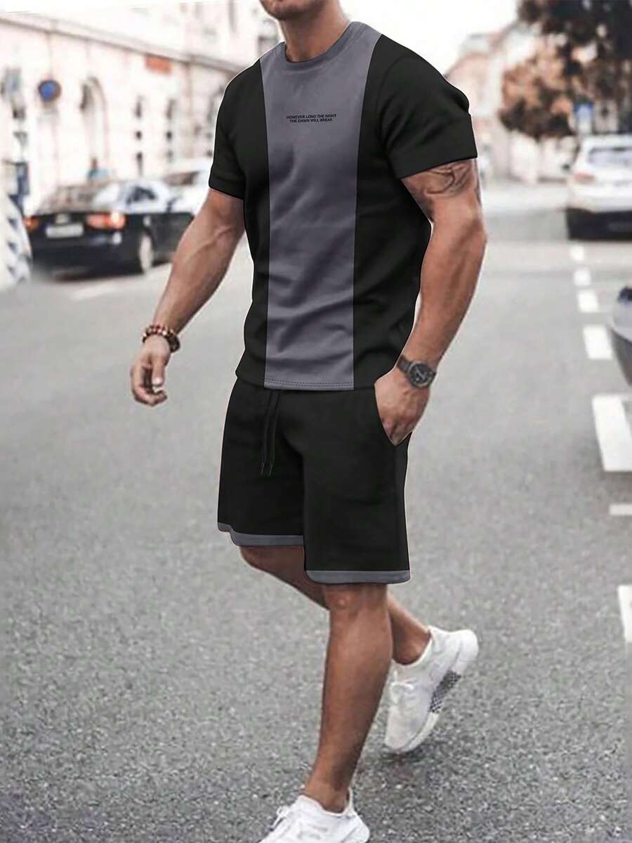 Manfinity Homme Men Slogan Graphic Colourblock Tee & Drawstring Waist Shorts Set - Multicolor - View 1