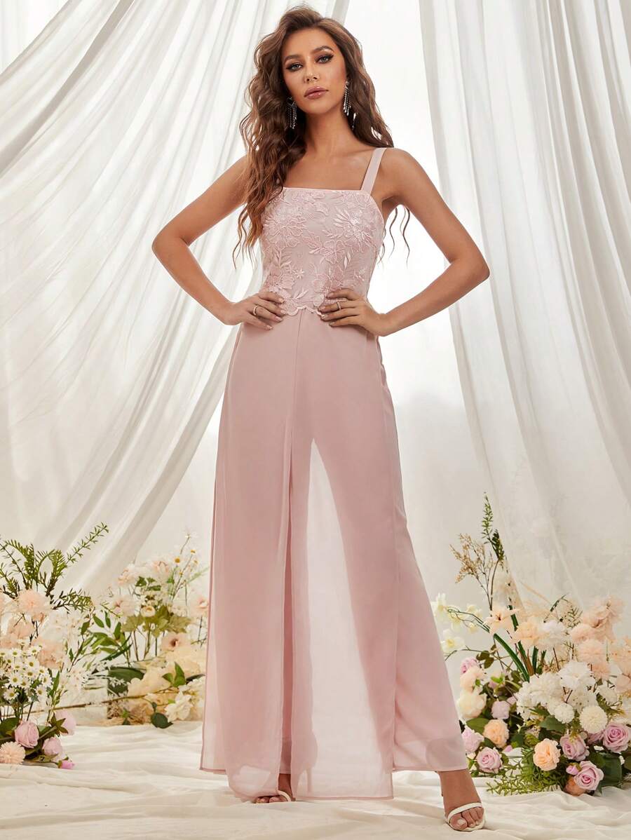 Eilly Bazar Contrast Lace Cami Party Jumpsuit - Baby Pink - View 1