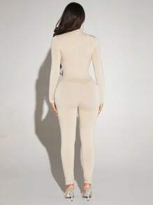 SHEIN SXY 半拉鏈門襟彈力緊身連體褲 - 米色 - 查看 2