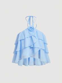 SHEIN MOD Ruffle Trim Halter Top - Baby Blue - View 1