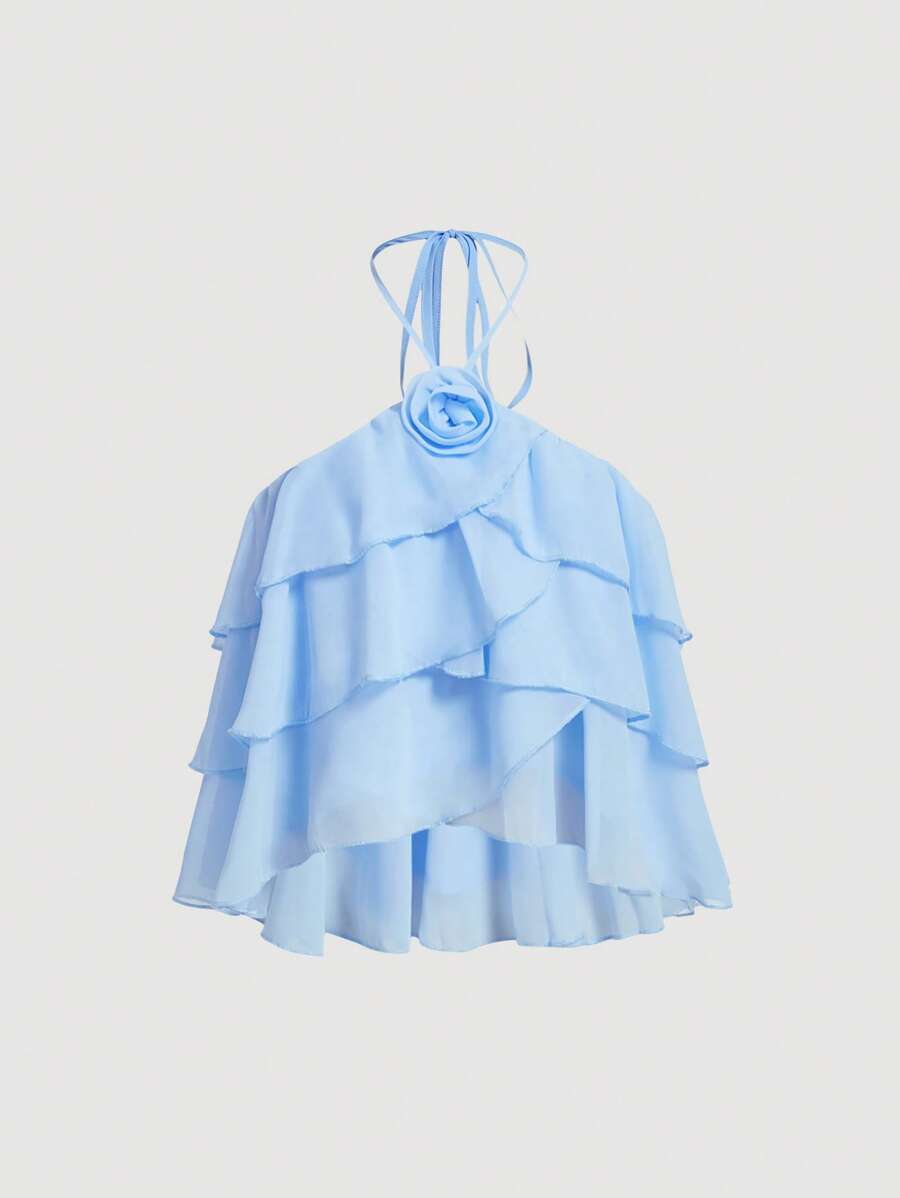 SHEIN MOD Ruffle Trim Halter Top - Baby Blue - View 1