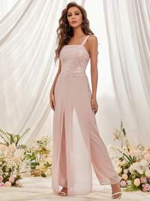 Eilly Bazar Contrast Lace Cami Party Jumpsuit - Baby Pink - View 3