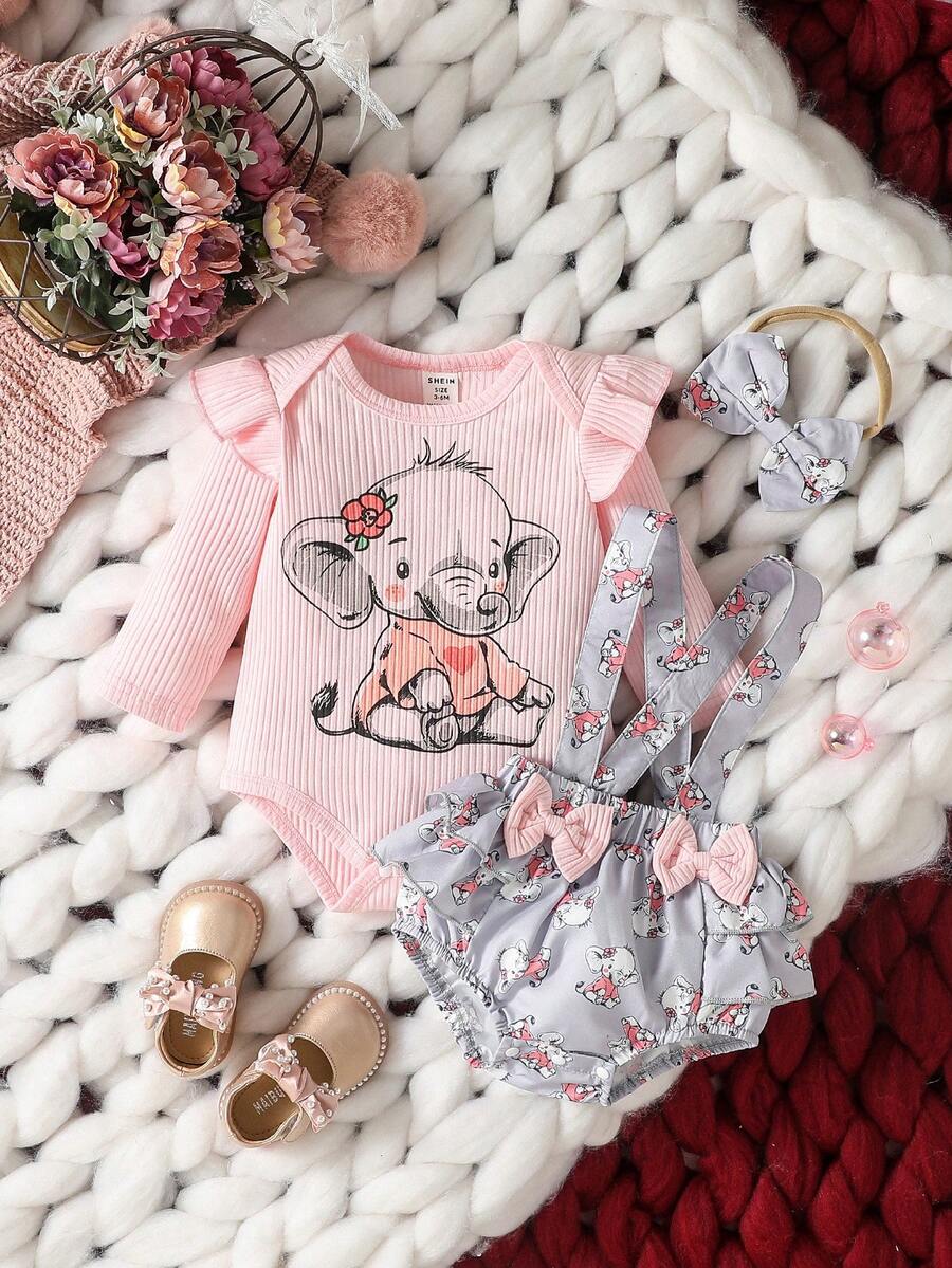 Đứa bé gái In hình con voi Viền Ruffle Áo liền quần chặt & Nơ mặt trước Quần Overall & Băng đô đầu - Nhiều màu - Xem 1