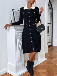 优雅针织连衣裙，有领，长袖，百搭秋冬时尚，女士欧式长裙，长款派对连衣裙 - 黑色 - 查看 5