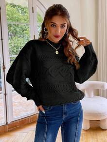Simplee Cable Knit Drop Shoulder Sweater - Black - View 6