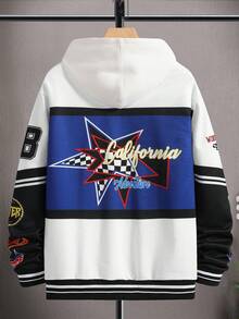 Manfinity EMRG Lỏng lẻo phù hợp Nam Đồ họa Chữ cái Khối màu Dây kéo Áo khoác bomber - Xanh và trắng - Xem 2