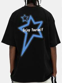 Nam Slogan & In Sao Áo thun Thả vai - màu đen - Xem 1