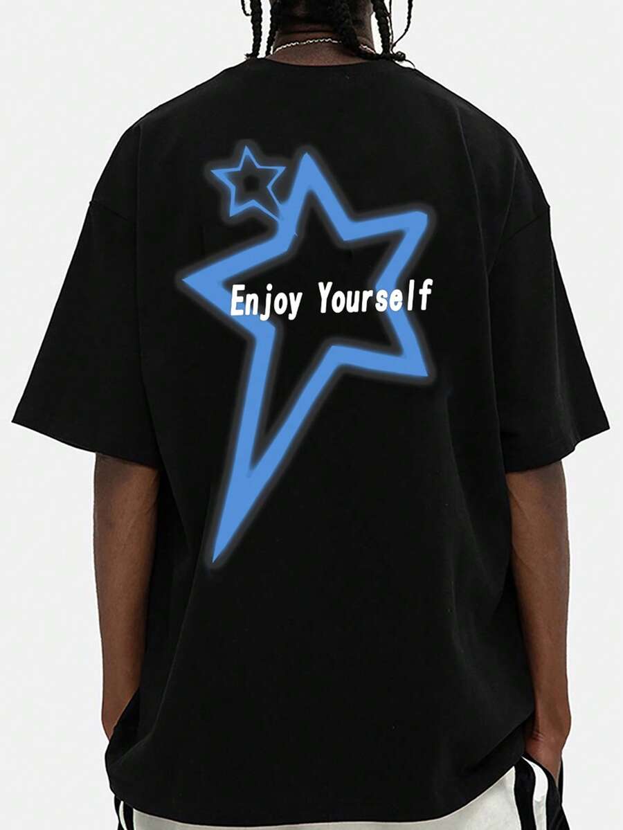 Nam Slogan & In Sao Áo thun Thả vai - màu đen - Xem 1