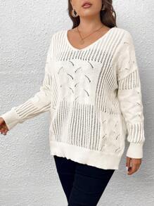 Celure Plus Pointelle Knit Drop Shoulder Sweater - Beige - View 3