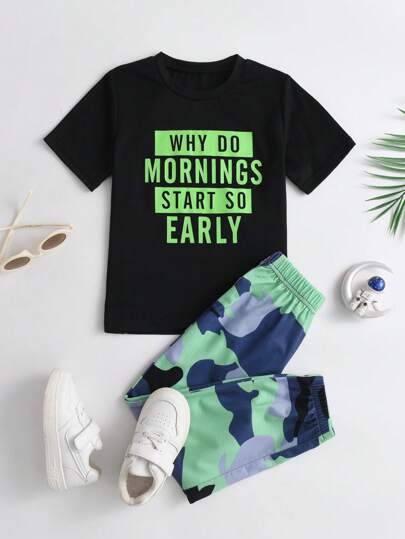 SHEIN Young Boy Slogan Graphic Tee & Camo Print Pants