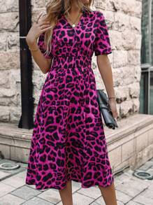 SHEIN LUNE Leopard Print Half Button Dress - Hot Pink - View 5