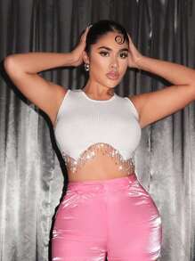 SHEIN SXY 水鑽流蘇下擺針織短上衣 - 白色 - 查看 1