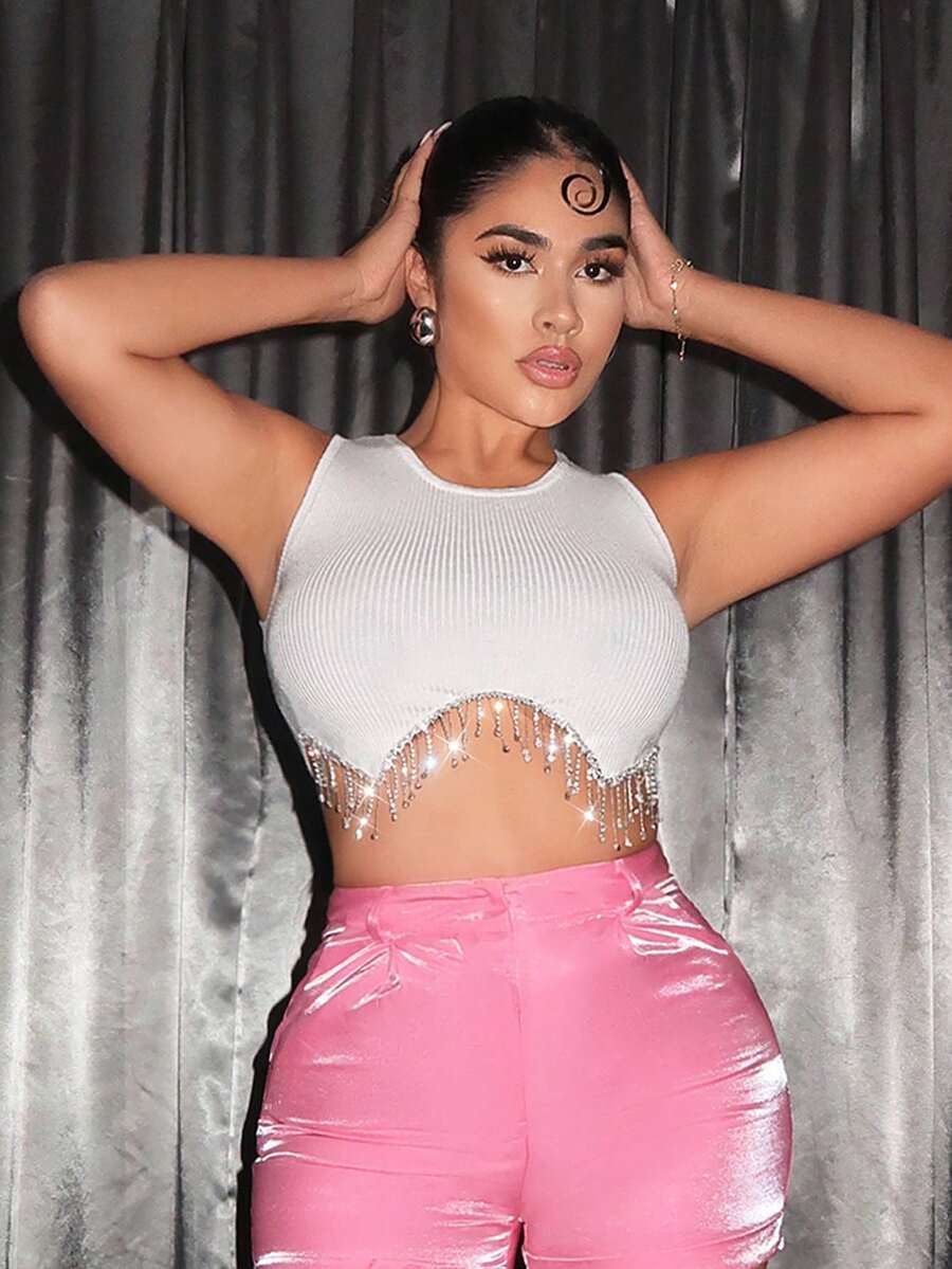 SHEIN SXY 水鑽流蘇下擺針織短上衣 - 白色 - 查看 1