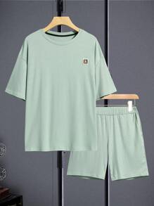 Manfinity Homme Hombres Shorts con camiseta de hombros caídos con parche de letra - verde menta - Ver 8
