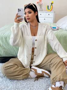 Flirla Plus Pointelle Knit Drop Shoulder Cardigan - White - View 3