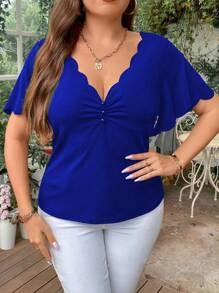 SHEIN Clasi Plus Scallop Trim Ruched Front Tee - Blue - View 7