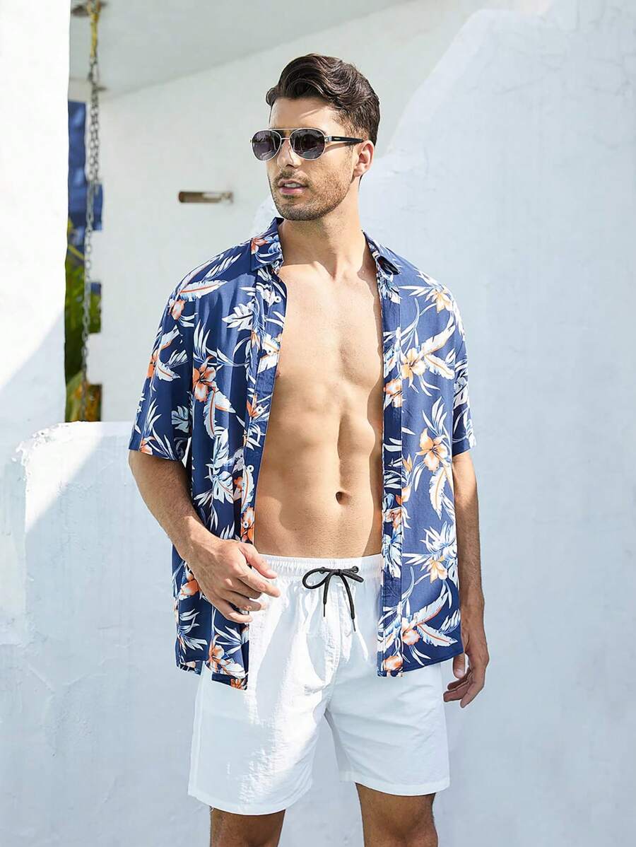 Men Floral Print Shirt - Blue - View 1