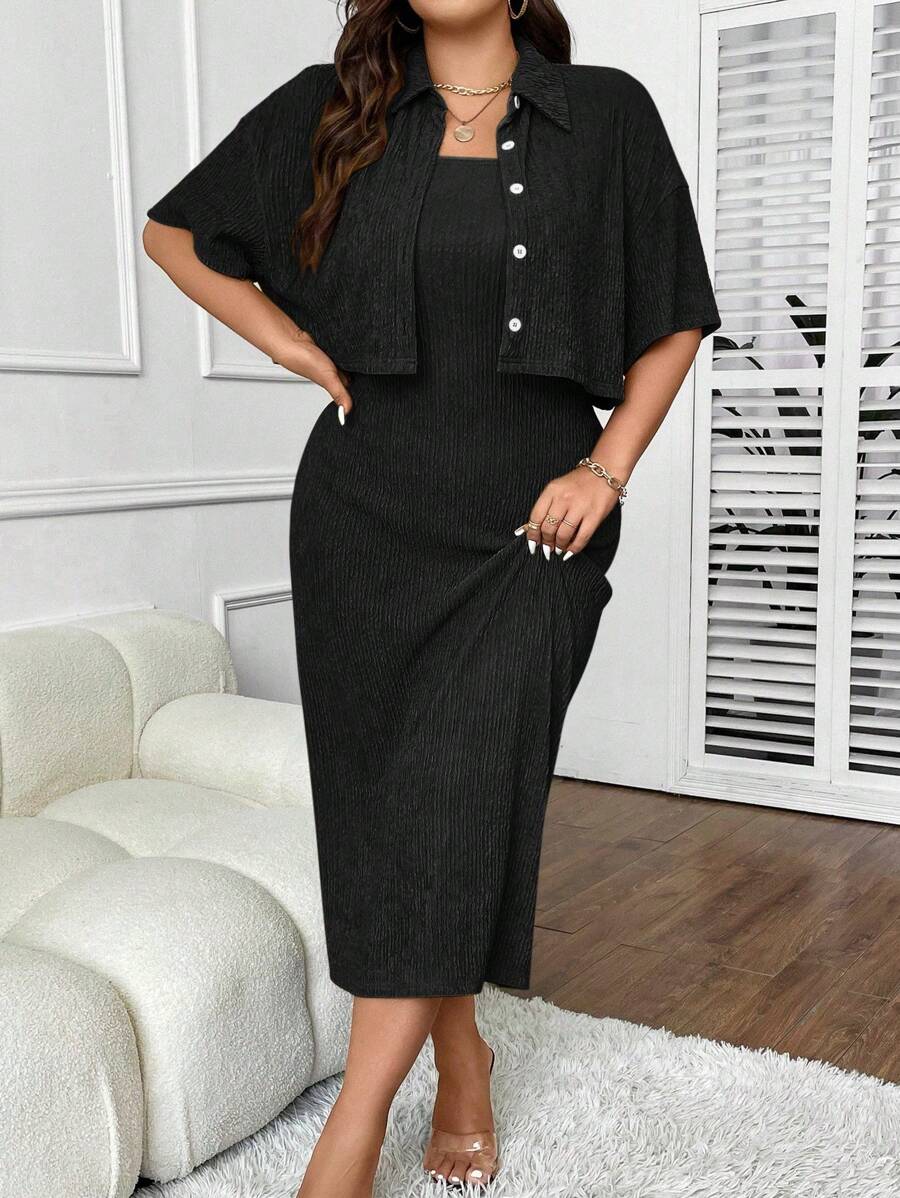 SHEIN Clasi Plus Solid Dress & Button Front Jacket - Black - View 1