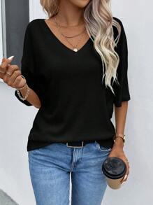 SHEIN LUNE 素色落肩T恤 - 黑色 - 查看 4