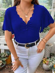 SHEIN Clasi Plus Scallop Trim Ruched Front Tee - Blue - View 5