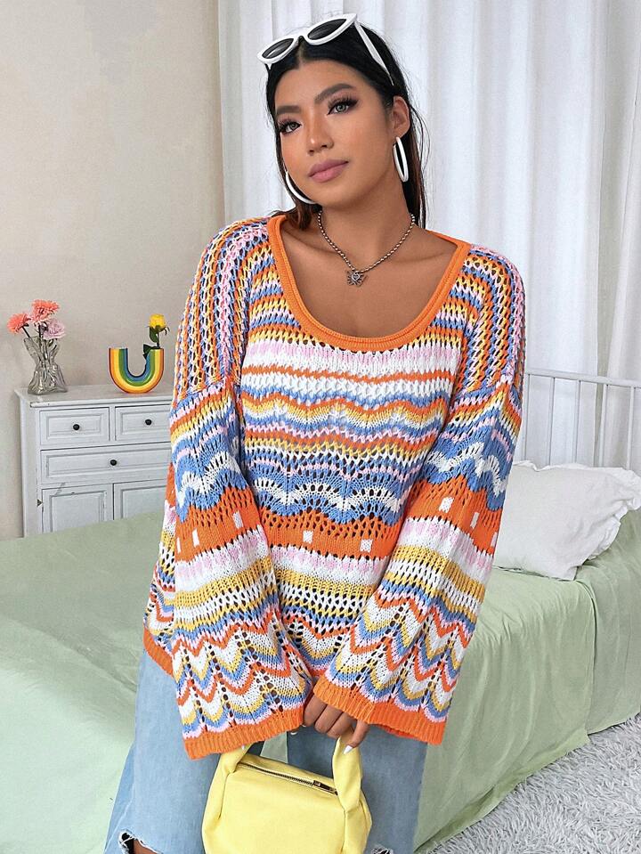 Flirla Plus Chevron Pattern Drop Shoulder Pointelle Knit