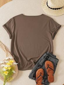 INAWLY Plus Solid V Neck Tee - Mocha Brown - View 2