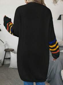 SHEIN LUNE Plus Striped Pattern Drop Shoulder Duster Cardigan - Black - View 2