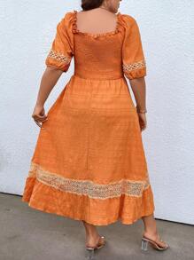 Breezaya Hơn Ren tương phản Cổ vuông Ống tay áo Đầm - trái cam - Xem 1