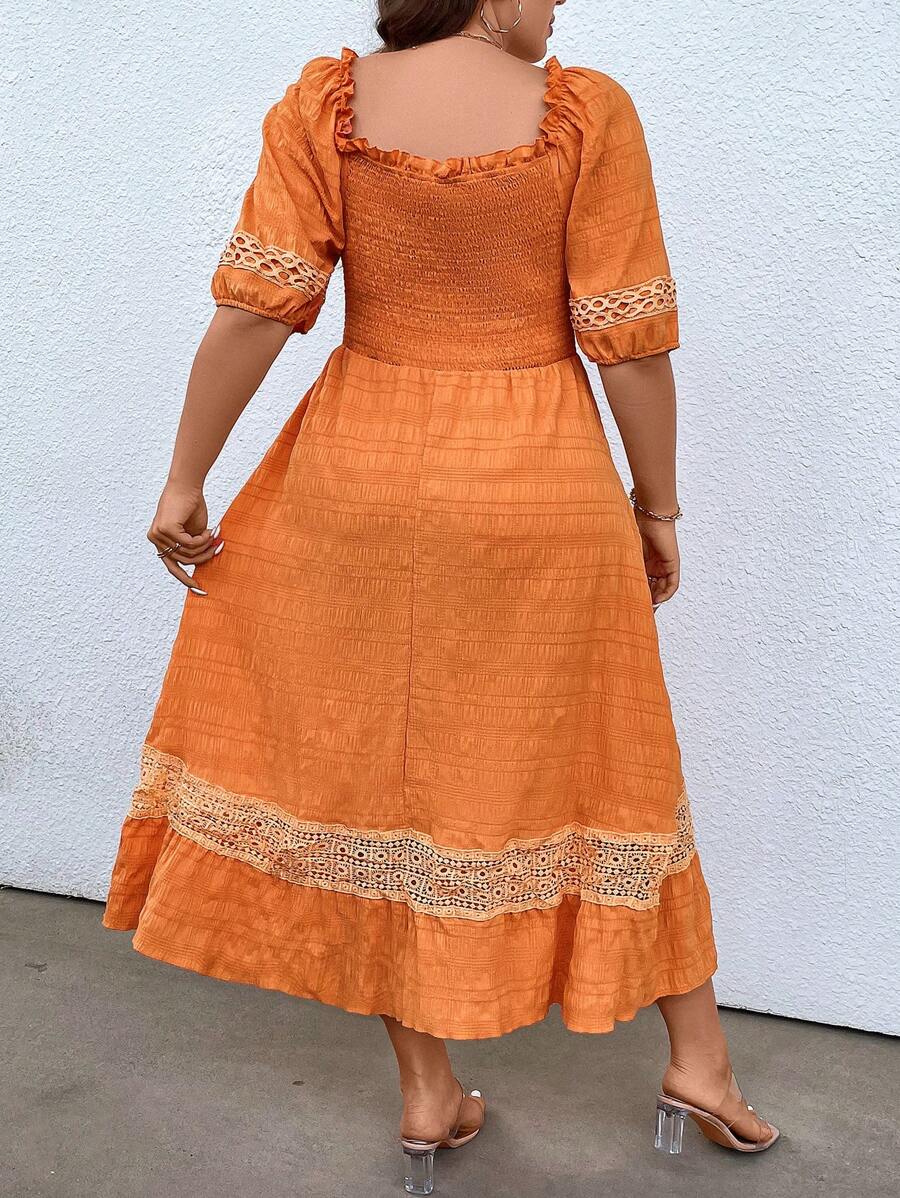 Breezaya Hơn Ren tương phản Cổ vuông Ống tay áo Đầm - trái cam - Xem 1