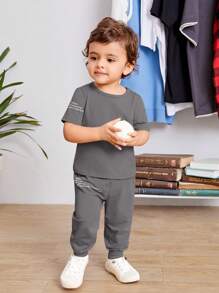 SHEIN Leap Crew Baby Boy Casual Slogan Graphic Round Neck Short Sleeve T-Shirt And Elastic Cuff Pants Set - Grey - View 10