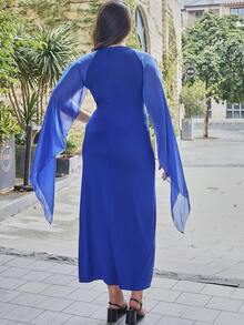 Talla grande Vestido unicolor de muslo con abertura - Azul - Ver 2