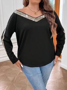 SHEIN LUNE Plus Contrast Sequin Off Shoulder Sweatshirt Graduation,Back To School Outfits,Graduation,Teacher Outfits For Women,Back To School Pullover Fall Outfit - Black - View 5