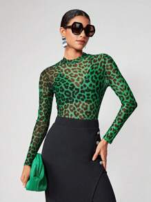 Maija 豹紋印花透視網紗上衣不附胸罩