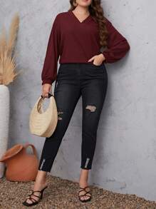 Plus Lantern Sleeve Blouse - Burgundy - View 1