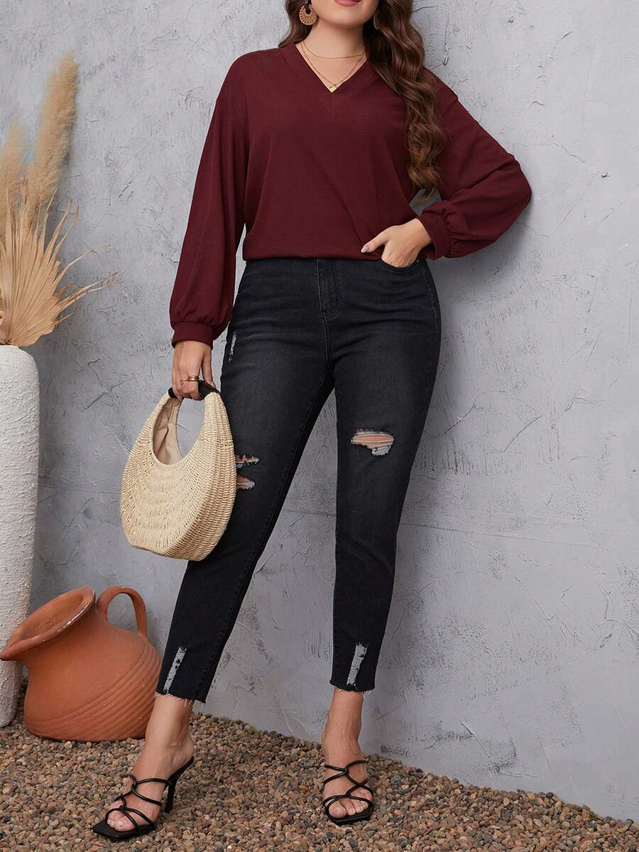 Plus Lantern Sleeve Blouse - Burgundy - View 1