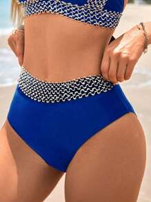SHEIN Contrast Trim High Waist Bikini Bottom, For Summer Beach Vacation - Royal Blue - View 4