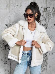 Eilly Bazar Faux Sheepskin Lined Suede Jacket - Beige - View 1